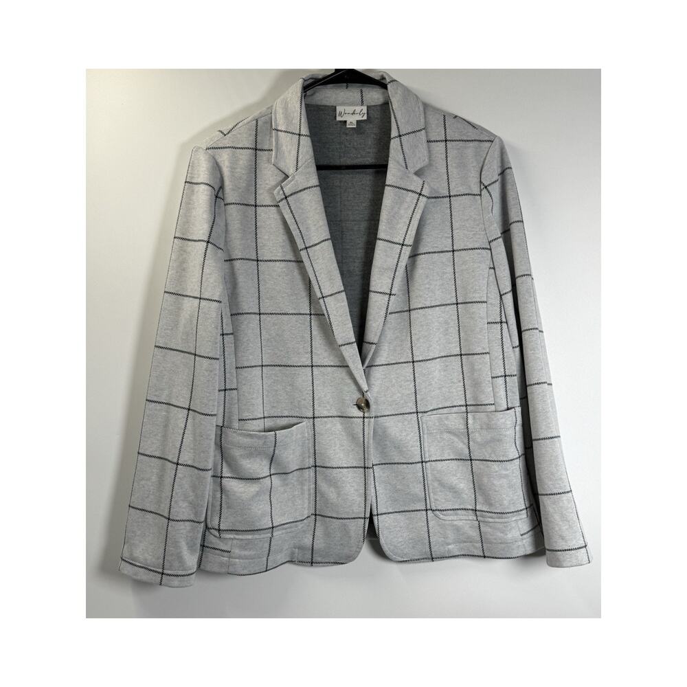 Wonderly Gray Windowpane Blazer Jacket Size PL Stretch Career Preppy Minimalist